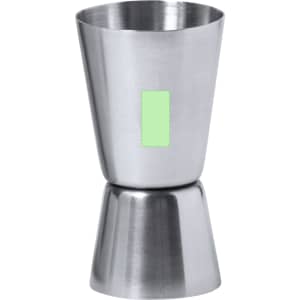 A stainless steel jigger with a sleek design, featuring a smooth finish and a branding logo.