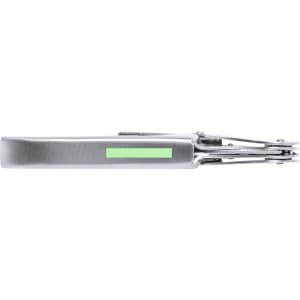 A stainless steel cocktail set with a sleek design, featuring a metallic finish and a subtle green accent.