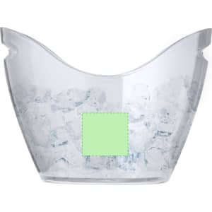 A transparent ice bucket filled with ice, featuring a green square for branding. Ideal for leisure and outdoor use.