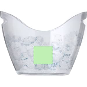 A clear, curved ice bucket filled with ice, featuring a space for a logo or branding.