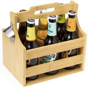 A drink bottle holder made of bamboo, featuring a handle and holding several beer bottles of various colours.