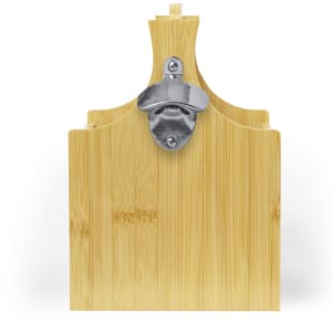 A drink bottle holder made of bamboo with a stainless steel bottle opener attached, showcasing a natural finish.