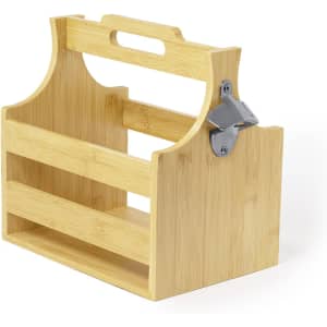A drink bottle holder made of bamboo, featuring a handle and a metal bottle opener. The design is natural and stylish.