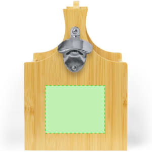 A drink bottle holder made of bamboo, featuring a metallic bottle opener and a blank green area for customisation.