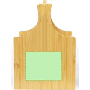 A drink bottle holder made of bamboo with a natural finish and a decorative green accent area.