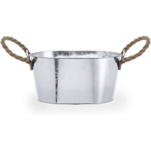 A metallic silver ice bucket with rope handles, ideal for leisure and outdoor use.