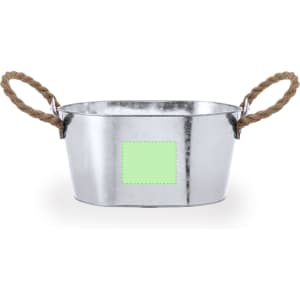 A metal ice bucket with a shiny surface, featuring rope handles and a blank area for branding or labels.
