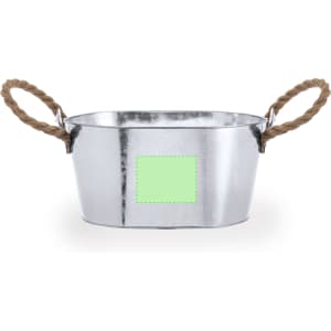 A silver metal bucket with rope handles, featuring a blank green label for customisation.