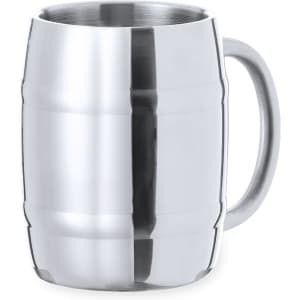 A drink bottle in a shiny silver finish, featuring a large handle and a smooth, cylindrical design.