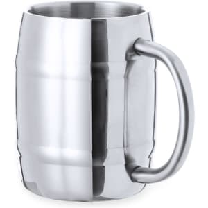 A steel beer mug with a polished finish and a sturdy handle, designed for serving beverages.