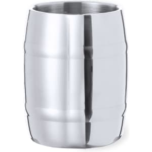 A drink bottle featuring a shiny silver, barrel-shaped design, with a smooth, reflective surface and a logo.