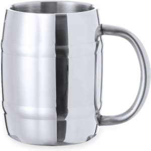 A drink bottle made of shiny stainless steel with a curved handle and a barrel-like design. It has a branding logo.