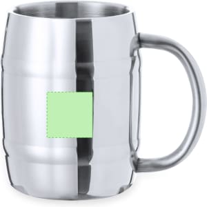 A drink bottle styled as a stainless steel beer mug with a handle, featuring a blank area for customisation.
