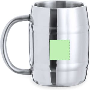 A stainless steel beer mug with a large handle, featuring a square area, reflective surface, and a sturdy design.
