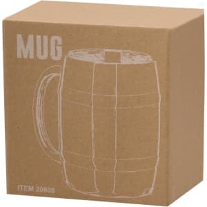 A drink bottle in a cardboard box, featuring a simple illustration of a mug with a handle.