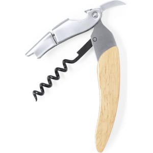 A drink bottle corkscrew opener with a wooden handle and a metal body, featuring a spiral corkscrew and a logo.