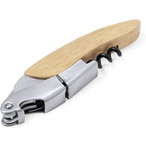 A drink bottle opener with a silver metal body and a wooden handle, featuring a corkscrew and an integrated bottle opener.