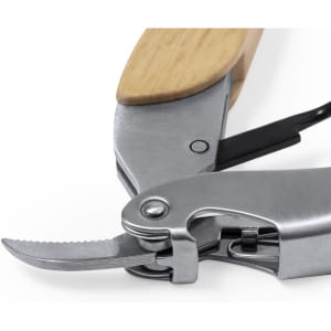 A drink bottle opener featuring a stainless steel design with a wooden handle and a built-in corkscrew.