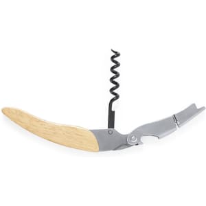A drink bottle opener with a wooden handle and a metallic worm corkscrew, featuring a sleek design and a logo.