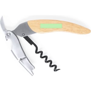 A drink bottle opener with a wooden handle, metal corkscrew, and integrated bottle opener tool, featuring a logo.