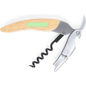 A drink bottle opener featuring a wooden handle and silver metal components, with a branded logo.