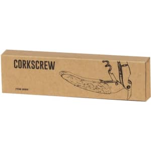 A drink bottle corkscrew opener in a brown box, featuring a simple design illustration. Includes a branding logo.