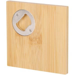 A bamboo coaster with a metal bottle opener embedded in it. Features a natural wood finish.