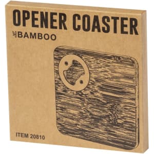 A bamboo coaster with an integrated bottle opener, presented in simple, earthy packaging.