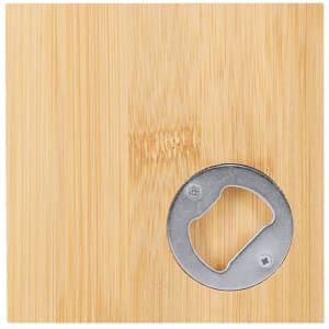 A bamboo coaster with a built-in metal bottle opener, featuring a natural wood finish.