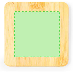 A bamboo coaster with a light green square centre, featuring a dashed green outline and rounded corners.