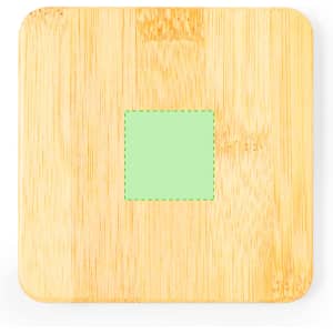 A bamboo coaster featuring a green square in the centre and rounded corners. The surface has a natural wood finish.