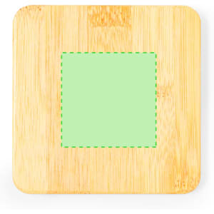 A square bamboo coaster with a light green centre, featuring a subtle logo or branding on the surface.