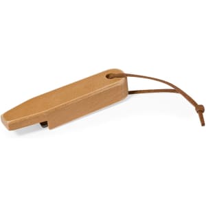 A drink bottle opener in a sleek, wooden design with a brown leather cord attached. Features a logo.