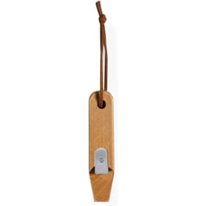 A drink bottle opener featuring a wooden design with a silver metal lever, attached to a leather strap.
