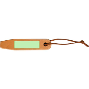A drink bottle opener with a wooden design and a green label area, featuring a brown cord for hanging.