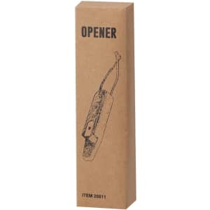 A drink bottle opener in a brown cardboard box featuring a simple design and a loop for attaching to a keyring.