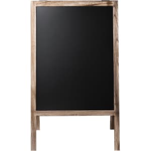 A whiteboard with a wooden frame, featuring a smooth black writing surface. It has a simple, minimalist design.