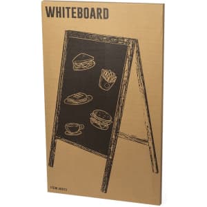 A brown cardboard box featuring a whiteboard design with black illustrations of food items and a logo.