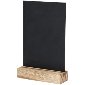 A wooden display stand with a black panel, designed for holding signs or promotional materials.