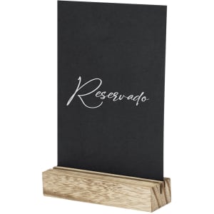 A black display stand with a wooden base, featuring a reserved sign in elegant script.