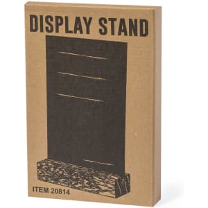A cardboard packaging for the Hyrokin Display Stand, featuring a dark design and a wooden base illustration.