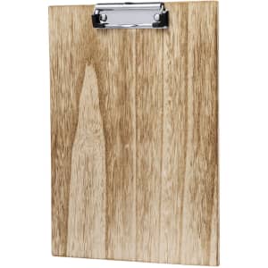 A wooden clipboard with a metal clip, featuring a natural finish and smooth surface.