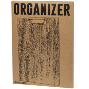 A brown cardboard organiser with a clip on top, featuring a wood grain design and a logo.