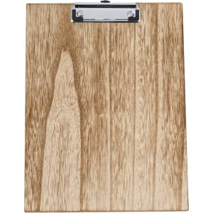 A wooden clipboard with a silver clip, featuring a smooth, natural wood grain finish.