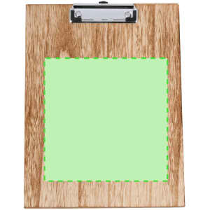 A wooden clipboard featuring a green notepad section and a clip at the top. The clipboard has a natural finish.