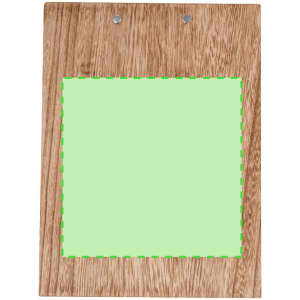 A wooden clipboard with a light green paper section and metal clips at the top, featuring a logo.