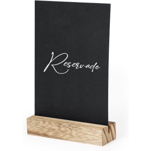 A black card holder with a wooden base, featuring a simple, elegant design.