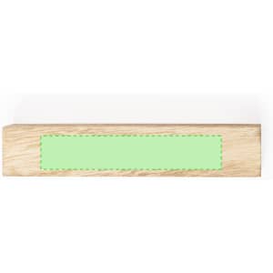 A wooden business card holder featuring a light green accent area on the front. The holder has a simple design.
