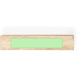 A wooden business card holder in a light natural finish featuring a plain green panel.