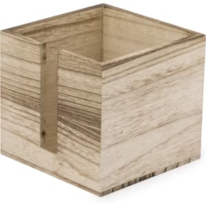 A wooden napkin holder with a natural finish, featuring a simple rectangular design and an open compartment.